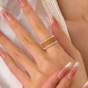 Veloura Gold Filigree Pearl Trim Wide Band Ring | Vintage Style Statement Ring